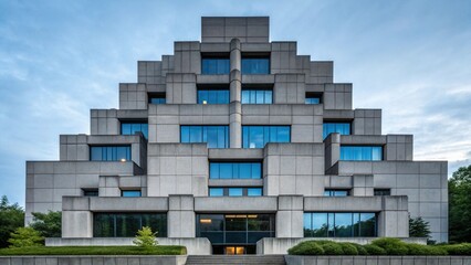 Modern Pyramid-Shaped Concrete Office Building, Serene Evening Light, Architectural Detail