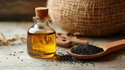Black seed oil bottle beside traditional medicine tools and natural remedies