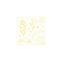 Gold art deco panel and border with ornament on white background