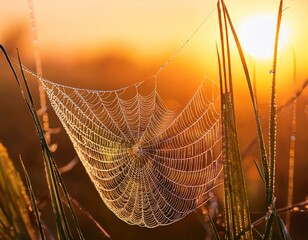 a close up of a dew covered spider web shimmering in golden sunrise light tiny droplets refracting colors