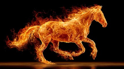 Fiery Horse: A majestic horse composed entirely of flames gallops with vibrant energy against a pitch-black backdrop, capturing the raw power of nature.