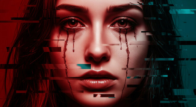 Close-up of woman's face, red and teal glitch effect, tears of blood, symbolizing digital distortion, emotional pain, vulnerability, or technological disruption