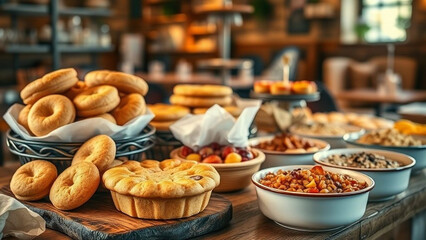 Fototapeta premium Delicious assortment of freshly baked goods in a cozy café setting inviting everyone to savor delightful flavors