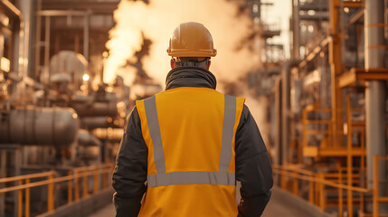Industrial worker in safety gear overseeing operations at a processing plant. Focus on safety in complex industrial environments.