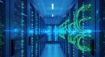 Endless server room aisle with data cables illuminating complex systems and visual style.