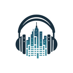 A stylized illustration of headphones with a city skyline integrated into the design