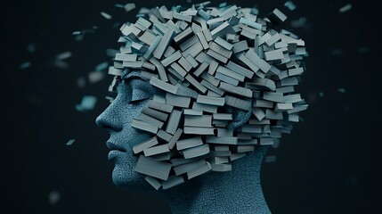 A human head composed of scattered rectangular blocks, symbolizing fragmented thoughts or complex mental processes, set against a dark background.