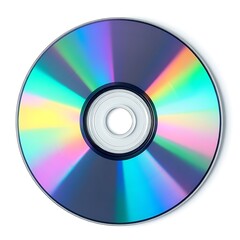 Top down view of a blank C D with rainbow light reflections on white background disc