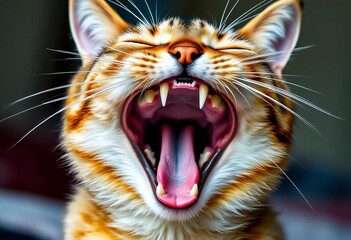 Obraz premium A domestic cat with its mouth wide open in a large yawn, showing pink tongue and teeth, soft, tongue