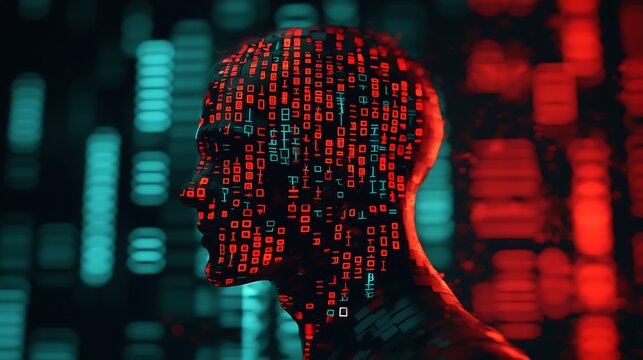 A digital human silhouette made up of red and blue binary code against a dark background symbolizes artificial intelligence and data processing.