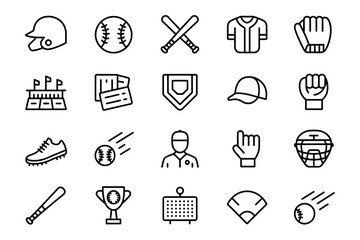 Collection of baseball icons representing sports equipment and game elements