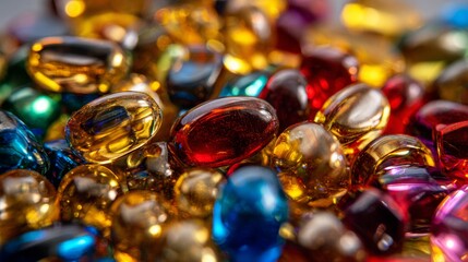 Shiny colored transparent capsules in close up macro view for supplement pharmaceutical photography concept