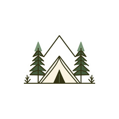 A serene camping scene with a tent surrounded by tall pine trees and mountains in the background