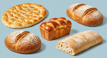 Breads assortment background. Different types of fresh bread on table, flat lay. group of different bread products