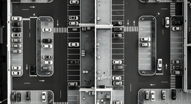 Aerial view of parking lot showcasing urban planning and transportation infrastructure showing parallel lines of parking spaces