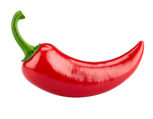 Single Red Chili Pepper Curved Shape, Centered Side View, Isolated on White Background