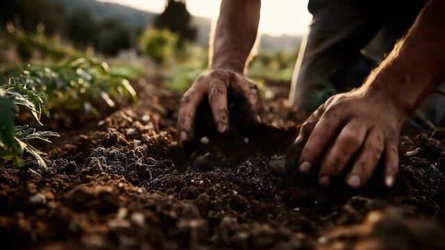 Person planting in garden, close up of hands working the soil.