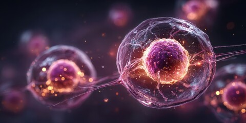 Obraz premium Stem cell therapy: Groundbreaking regenerative cells dividing in petri dish with glowing mitochondria backdrop 