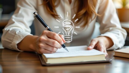 Creative note-taking a woman's hands in an inspirational workspace writing ideas on paper