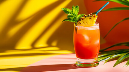 Refreshing tropical cocktail in tall glass garnished with fresh mint sprig and pineapple slice, vibrant orange drink placed against bright yellow and pink background, summer party atmosphere