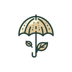 A stylized umbrella with leaves, symbolizing nature and protection, set against a minimalist background