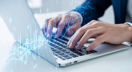 Close-up of hands typing on laptop keyboard, overlaid with digital graph and binary code, symbolizing data analysis, financial technology, or online trading