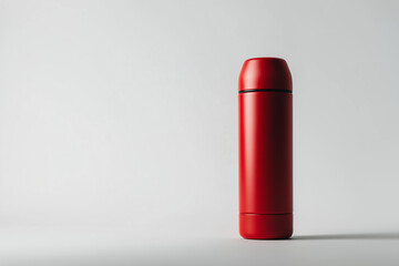 Red Thermos Bottle on Neutral Background – Stainless Steel Vacuum Flask, Hot Drink Container for Travel or Outdoor Use