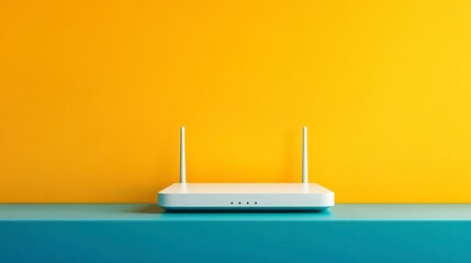 White Wi-Fi router on teal shelf against yellow wall.