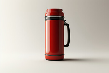 Red Thermos Bottle on Neutral Background – Stainless Steel Vacuum Flask, Hot Drink Container for Travel or Outdoor Use