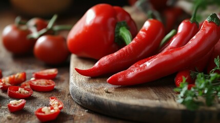 Red chili peppers and tomatoes on rustic board for spicy food photography culinary ingredient concept hot cuisine