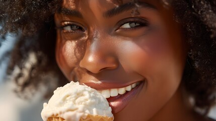 Young african american woman enjoying a scoop of vanilla ice cream on a sunny day, smiling brightly with natural light highlighting her skin.