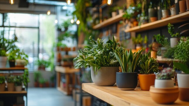 Indoor garden store filled with various potted plants and natural light for lifestyle home gardening photography decor