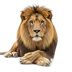 Obraz premium Male African Lion Portrait Paws Crossed Golden Brown Mane White Background Wildlife Animal Photography