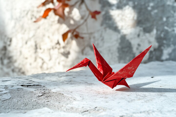 Red Origami Paper Crane on White Background – Traditional Japanese Art, Minimal Handmade Bird Figure, Peace and Zen Concept
