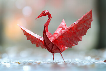 Red Origami Paper Crane on White Background – Traditional Japanese Art, Minimal Handmade Bird Figure, Peace and Zen Concept