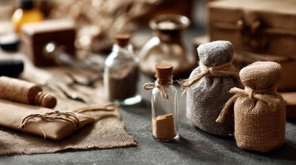 Rustic glass jars and fabric packaging with spices and oils for vintage kitchen product design setup