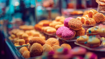 Bright colorful donut display on counter for dessert bakery food photography commercial pastry sweet treat background