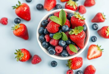 White bowl overflowing with vibrant strawberries, blueberries, raspberries & mint on a light blue background,  bowl,  vitamin