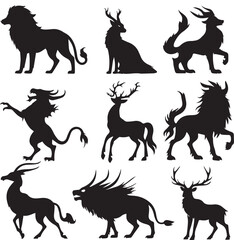 Obraz premium silhouetted mythical creatures including dragons lions and deer