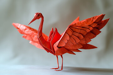 Red Origami Paper Crane on White Background – Traditional Japanese Art, Minimal Handmade Bird Figure, Peace and Zen Concept