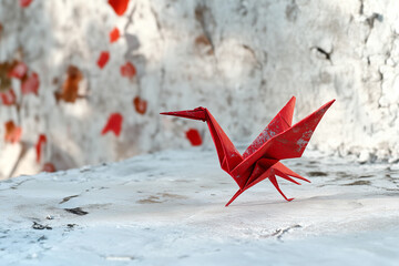Red Origami Paper Crane on White Background – Traditional Japanese Art, Minimal Handmade Bird Figure, Peace and Zen Concept