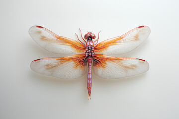 Red Dragonfly on White Background – Insect with Transparent Wings, Macro Nature Detail, Minimal Aesthetic Composition