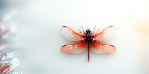 Red Dragonfly on White Background – Insect with Transparent Wings, Macro Nature Detail, Minimal Aesthetic Composition