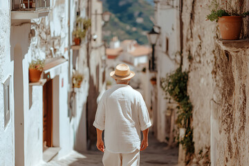 Man exploring old world Italian village on bright sunny day, wearing hat and white linen clothing, cobblestone street, vacation and travel.