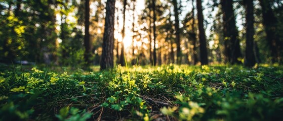 Sunlight streams through a lush forest, illuminating green grass and wildflowers on the forest floor
