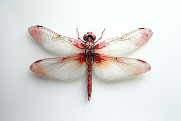 Red Dragonfly on White Background – Insect with Transparent Wings, Macro Nature Detail, Minimal Aesthetic Composition