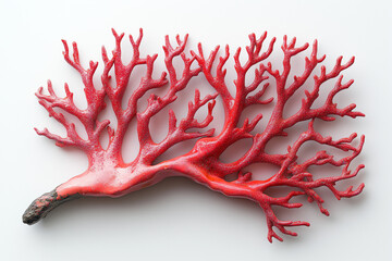 Bright Red Coral Branch on White Background – Marine Sea Plant, Underwater Natural Structure, Ocean Reef Decoration