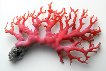 Bright Red Coral Branch on White Background – Marine Sea Plant, Underwater Natural Structure, Ocean Reef Decoration