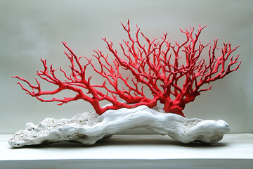 Bright Red Coral Branch on White Background – Marine Sea Plant, Underwater Natural Structure, Ocean Reef Decoration