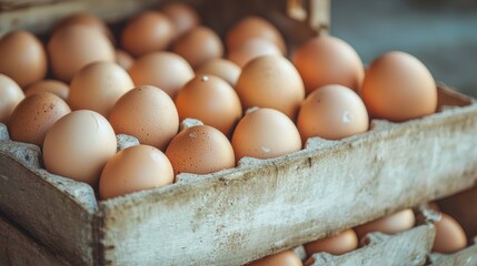 Fresh eggs in carton on rustic kitchen surface for organic food farm photography natural cooking scene